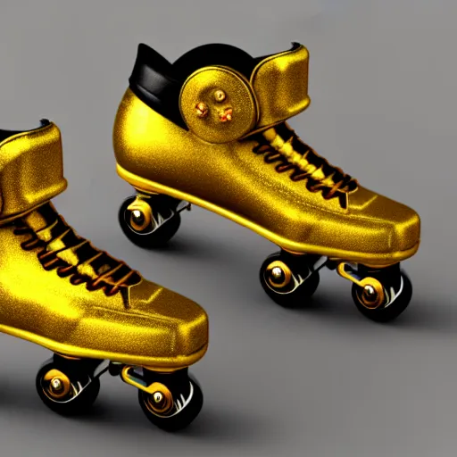Image similar to a pair of golden roller skates, hyper realistic art concept by hush lino, 4 k ultra fine detail high resolution octane render