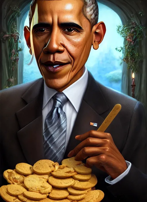 Image similar to highly detailed closeup portrait of obama as a fairytale medieval prince eating cookies, unreal engine, nicoletta ceccoli, mark ryden, lostfish, earl norem, global illumination, god rays, detailed and intricate environment