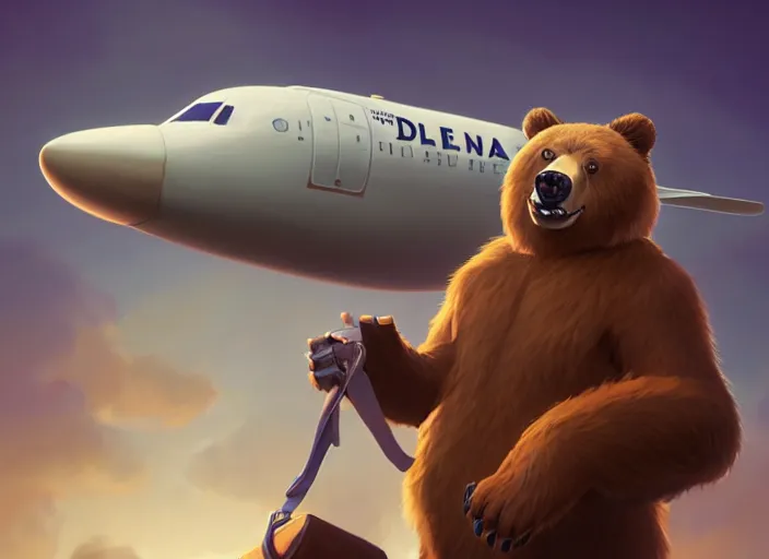 Image similar to character portrait feature of the anthro male anthropomorphic kamchatka brown bear fursona wearing airline pilot outfit uniform professional pilot for delta airlines character design stylized by charlie bowater, ross tran, artgerm, and makoto shinkai, detailed, soft lighting, rendered in octane