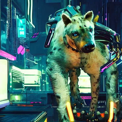 Image similar to cyborg hyena in cyberpunk 2 0 7 7, multiple wires and eyes resembling camera lenses, neon glowing lights on body, realistic, highly detailed concept art