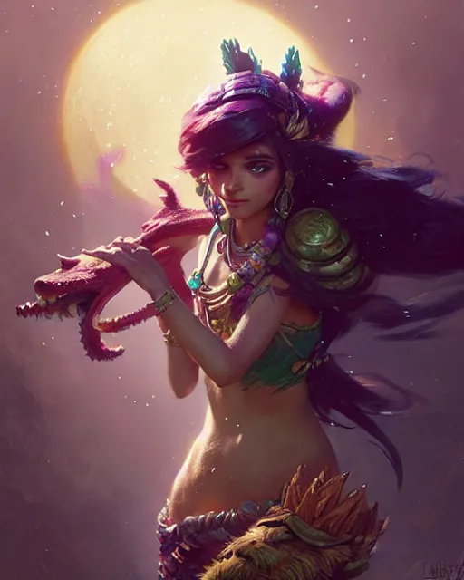 Image similar to neeko from league of legends, character portrait, concept art, intricate details, highly detailed by greg rutkowski, gaston bussiere, craig mullins, simon bisley