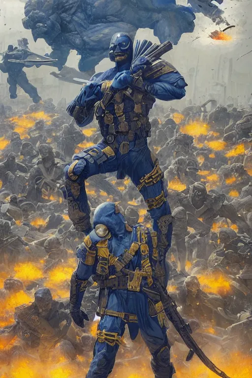 Image similar to A super soldier with Ukrainian blue and yellow flag is standing on a pile of skulls, Call of Duty, marvel, dark, intricate, highly detailed, smooth, artstation, digital illustration by Ruan Jia and Mandy Jurgens and Artgerm and Wayne Barlowe and Greg Rutkowski and Zdislav Beksinski