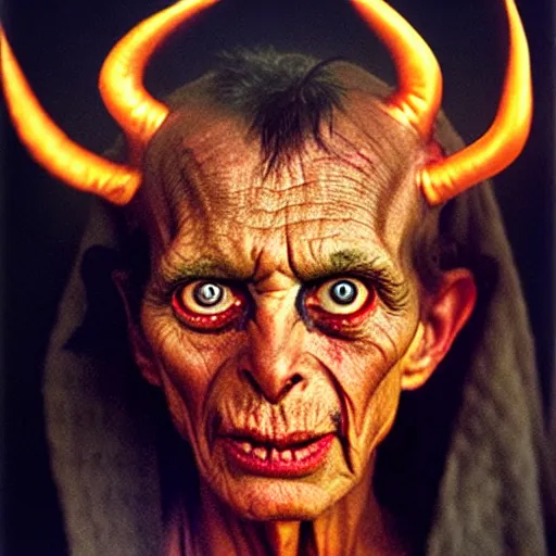 Image similar to uhd photorealisitc candid photo of satan. correct costume. correct face, accurate face. photo by annie leibowitz and steve mccurry