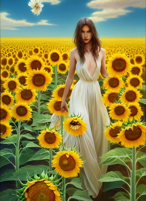 Image similar to a full body fashion photography of a girl slowly walking through amazing tall sunflower field, hair flowing, intricate, elegant, clearly visible face, highly detailed, digital painting, artstation, concept art, smooth, sharp focus, illustration, art by artgerm and greg rutkowski and alphonse mucha, 8 k