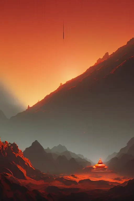 Prompt: tibetan temple glowing orange in canyon, geometric lines and planets in the sky, dramatic lighting, artstation, matte painting, ralph mcquarrie, simon stalenhag