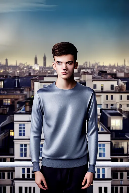 Image similar to un ultra high definition studio quality photographic art portrait of a young man standing on the rooftop of a british apartment building wearing soft padded silver pearlescent clothing. three point light. extremely detailed. golden ratio, ray tracing, volumetric light, shallow depth of field. set dressed.