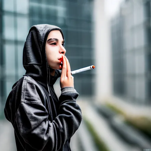 Image similar to candid photographic portrait of a poor techwear mixed young woman smoking inside a dystopian city, closeup, beautiful garden terraces in the background, sigma 85mm f/1.4, 4k, depth of field, high resolution, 4k, 8k, hd, full color