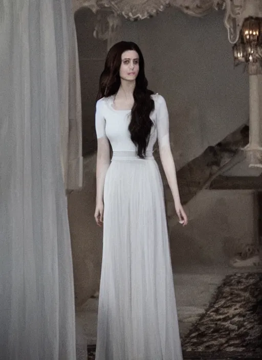 Image similar to the princess stands in the middle of the room, pale and thin. Her hair is so fine and light that it seems almost invisible in the pale moonlight. Her beauty is unreal, impossible