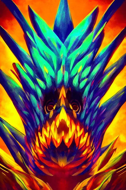 Image similar to glowing luminescent pineapple humanoid figure monster, symmetrical, highly detailed, digital art, sharp focus, trending on art station, amber eyes, autumnal colours