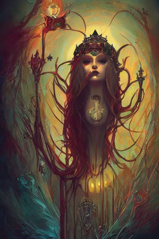 Prompt: jeweled crown, other worldly, fairy necromancer court, bones, art nouveau, by anato finnstark, tom bagshaw, brom