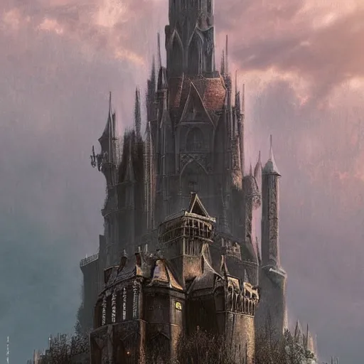 Image similar to a lonely and impossibly tall ominous gothic dark citadel tower of the evil patriarch, battlements, castle wall, portcullis, in a river elevated high above the city, flintlock fantasy capital city, scary gothic architecture, ultrawide lense, aerial photography, unreal engine, exquisite detail, 8 k, art by greg rutkowski and alphonse mucha