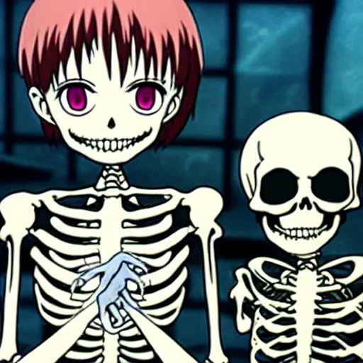 Image similar to a female necromancer and her skeleton friend, from a slice of life anime ; anime key visual by junji ito. tv anime series, kyoto animation.