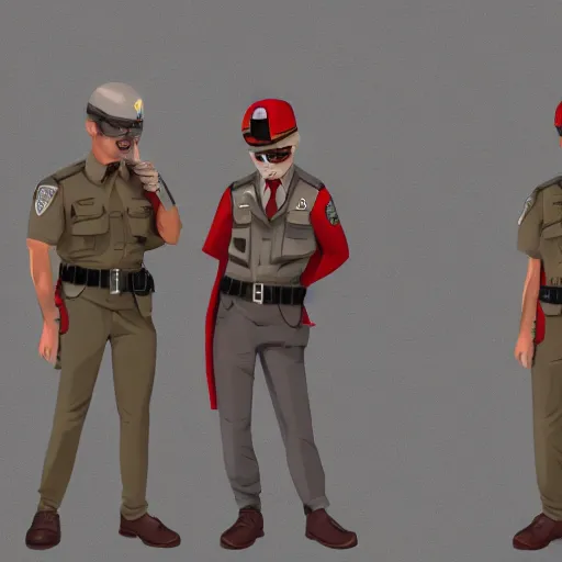 Image similar to ( ( beige ) ) uniform and caps zombie ranger officers ( background brutalist gray concrete office ) trending on artstation high detail digital painting 4 k 8 k hd accurate glow red