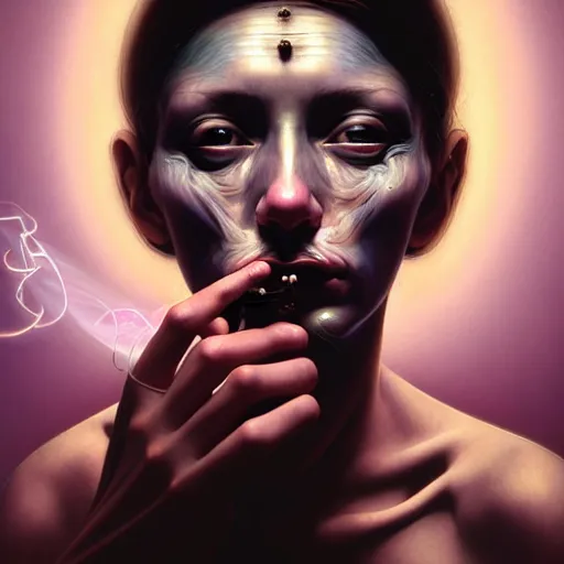 Image similar to Colour Caravaggio style Photography of Beautiful woman with highly detailed 1000 years old face wearing higly detailed sci-fi halo above head designed by Josan Gonzalez. Woman holding cigarette in between fingers , Many details . In style of Josan Gonzalez and Mike Winkelmann andgreg rutkowski and alphonse muchaand Caspar David Friedrich and Stephen Hickman and James Gurney and Hiromasa Ogura. volumetric natural light