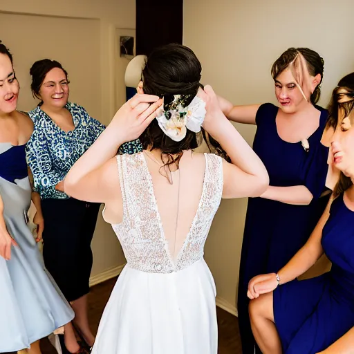 Prompt: professional fun souvenir photograph of a wedding dress fitting session. the bride is in the center of the photo.