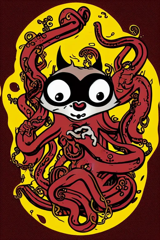 Image similar to Racoon with tentacles, the devil, sticker, blood thirsty, spawn of Satan, burning in hell, blood, evil, colorful, illustration, highly detailed, simple, smooth and clean vector curves, no jagged lines, vector art, smooth