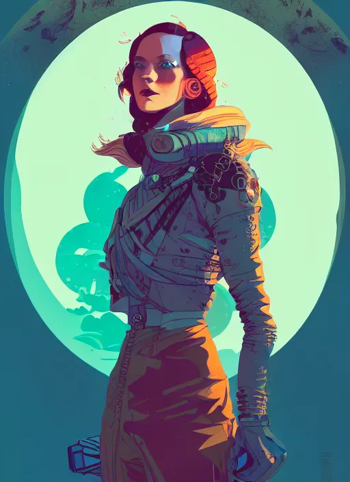 Prompt: portrait of beautiful nordic woman wearing dieselpunk clothes, blue eyes, artstation winner by victo ngai, kilian eng and by jake parker, by conrad roset, swirly vibrant color lines, winning award masterpiece, fantastically gaudy, aesthetic octane render, 8 k hd resolution