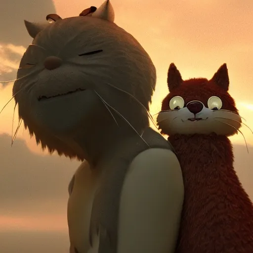 Prompt: guy with a furr creature,rain, kid and animal, climatic atmosphere made by studio ghibli, smooth, detailed face,, beautiful scene, 8k, clear
