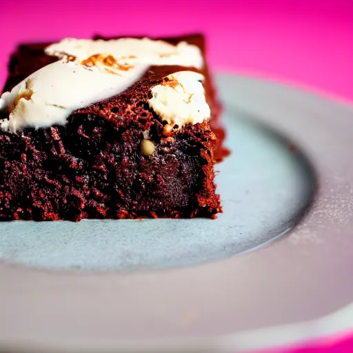 Prompt: An extreme close-up of a slice brownie with icecream on a plate, food blog, Michelin Star Restaurant, F 2.8, 85mm Velvia 100, high DOF