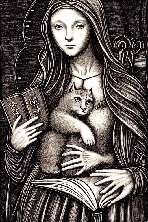 Image similar to da vinci illustration of romantic girl, her cat and her book of necronomicon, symmetrical, cinematic, sharp focus, 4 k, ultra hd, sense of awe, sinister demonic atmosphere, dreadful, forbidden knowledge, old gods, cthulhu, yog - sothoth! yah, yah, yah! cultist journal cover