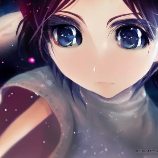 Image similar to a girl's eyes, stars are hidden in the eyes, 8 k, stunning, dream, highly detailed, super macro, surrealist, close - up view,, style of magical girl, makoto shinkai