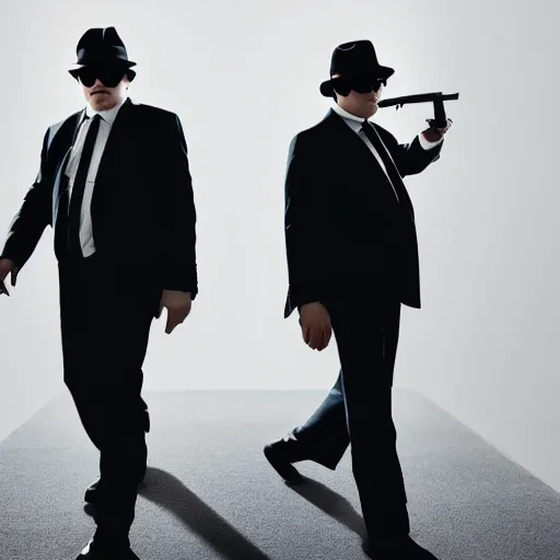 Image similar to blues brothers walking towards camera with white background. wearing suits. strong shadows. high contrast. serious look. carrying a pistol