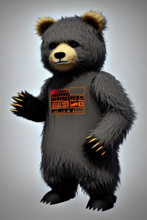 Image similar to high quality 3 d render very cute fluffy cyberpunk bear! plays electric guitar, cyberpunk highly detailed, unreal engine cinematic smooth, in the style of blade runner & detective pikachu, hannah yata charlie immer, moody light, low angle, uhd 8 k, sharp focus