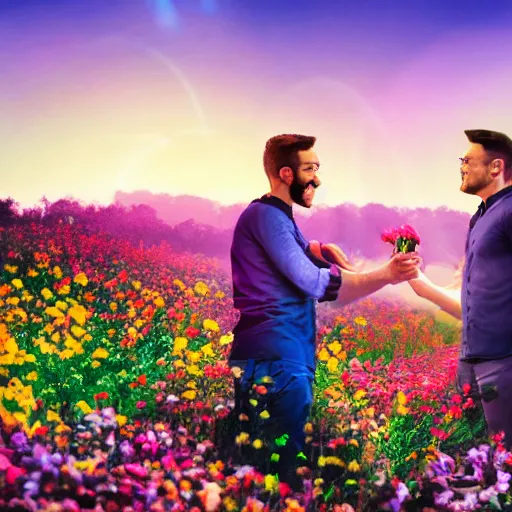 Image similar to a gay couple in their 30s together in a field of flowers at sunset, realistic, intricate, 4k