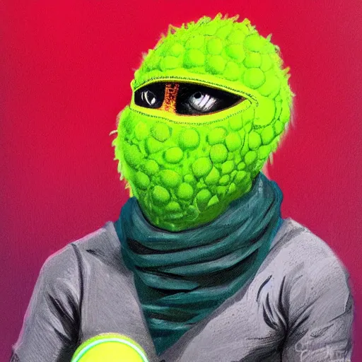 Image similar to a tennis ball monster wearing a balaclava and golden necklace , digital art, fantasy, magic, trending on artstation, ultra detailed, professional illustration by Basil Gogos