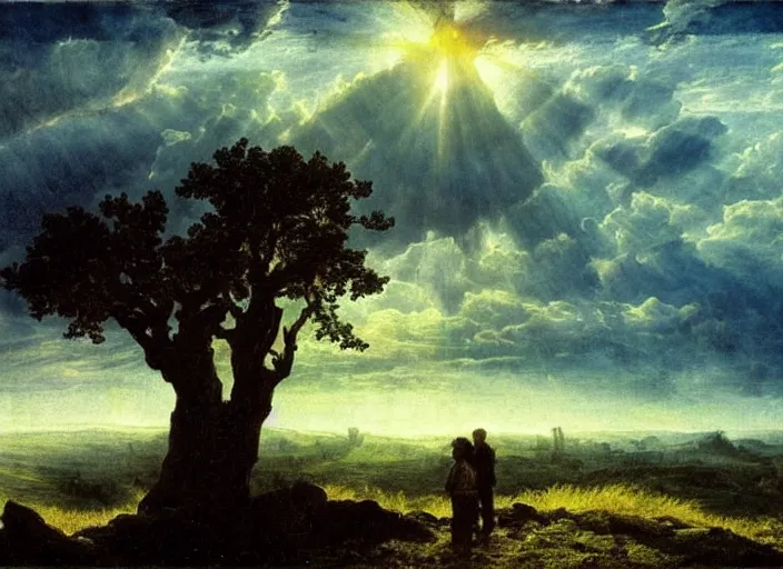 Prompt: Watching the clouds together, epic clouds, billowy landscape, glorious sunlight, caspar david friedrich