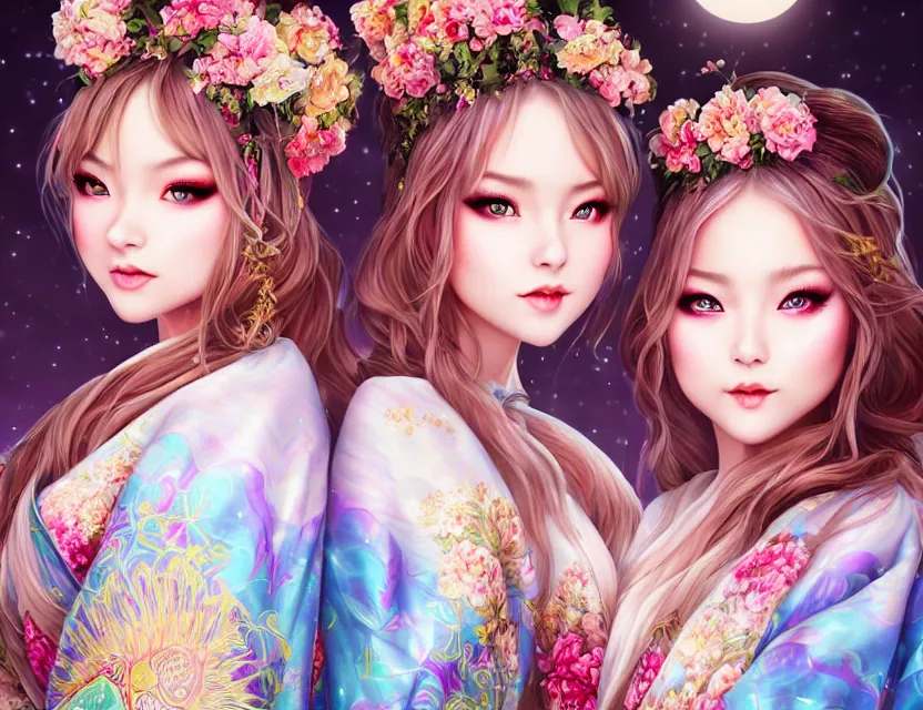 Image similar to two beautiful alluring siberian girls wear fantasy kimono in festival | | sunny night, full moon, dreamlike art, realistic shaded, smile, good looking, hyper details, 4 k realistic, cryengine, realistic shaded lighting poster by artgerm, ross tran, fuji choko, 8 k resolution, trending on artstation, luxury