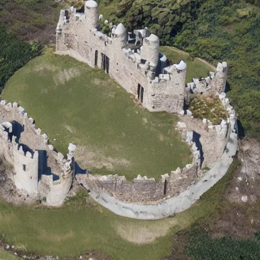 Image similar to aerial view of a punisher fortress from above on a hill by the ocean. castle tower is shaped exactly like the punisher symbol detailed