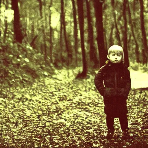 Image similar to kid looking at camera in forest at night, far away from camera, 70s photo, out of focus, motion blur, cctv footage