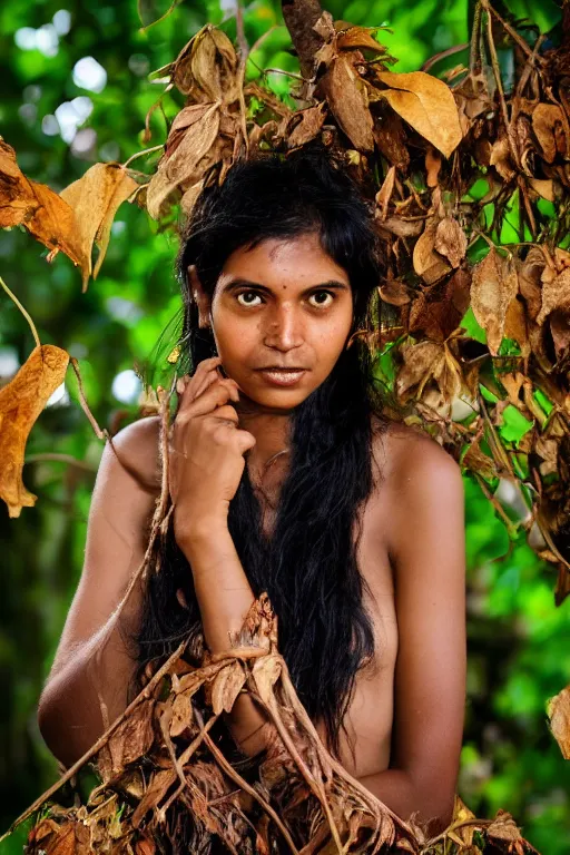 Prompt: a professional photo of a sri lankan jungle girl, black hair, gatherer, covered in leaves, extremely high fidelity. key light.