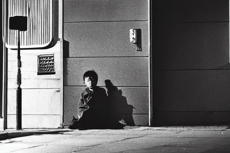 Image similar to street photography, light and shadow effects, golden time, loneliness, quiet, freezing, by matt stuart, elliot erwitt, stephen shore, william eggleston, junku nishimura.