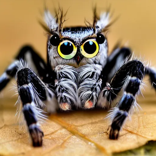 Image similar to jumping spider mixed with Owl, hybrid creature, cute, macro lens