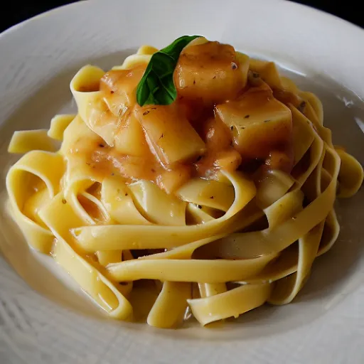 Image similar to a fettuccine pasta with pineapple sauce, food photography