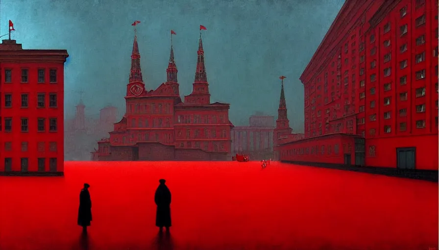 Prompt: only with red, soviet communism city cold atmosphere and with soviet flag, in the style of beksinski, by edward hopper and rodcenko and yue minjun and cory loftis, intricate and epic composition, red by caravaggio, highly detailed, masterpiece, red light, artstation, art nouveau