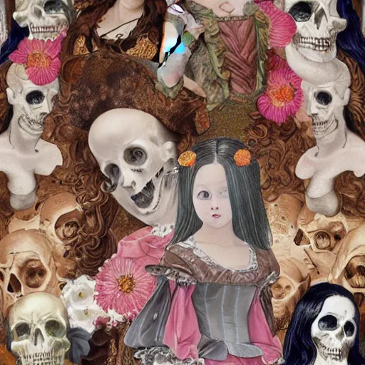 Prompt: oil painting heavy brushstrokes, renaissance, baroque, group of creepy young ladies wearing renaissance long harajuku manga dress with flowers and skulls, background chaotic flowers