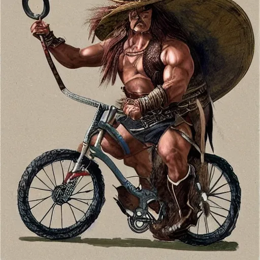 Image similar to conan the barbarian on a bicycle smoking a pipe in a sombrero, photorealistic