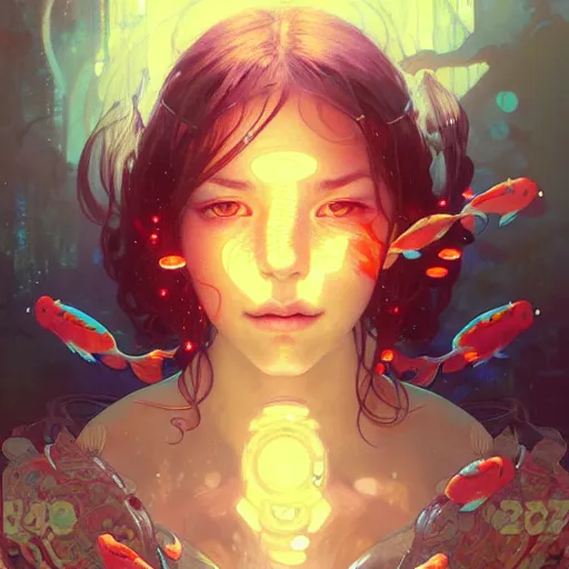 Prompt: Portrait of a lost cyborg girl surrounded by glowing Koi fish, face, fantasy, intricate, elegant, highly detailed, digital painting, artstation, concept art, smooth, sharp focus, illustration, art by Krenz Cushart and Artem Demura and alphonse mucha