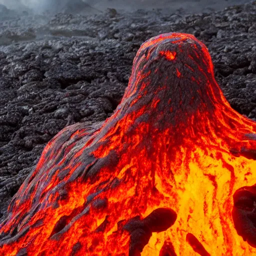 Image similar to back of a man submerged in flowing lava on a volcano with magma eruptions