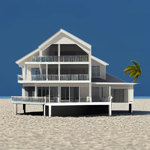 Prompt: “ a realistic model of a house floating on the beach of miami, 8 k render ”