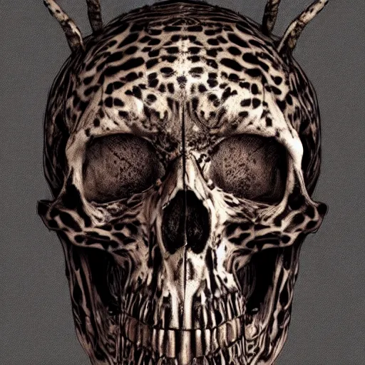 Image similar to Skull that look too much like skull!, crypt lurker!!, grasp of darkness!!!, pitchburn devils, 8k CG character rendering of a spider-like hunting female on its back, fangs extended, wearing a leopard-patterned dress, set against a white background, with textured hair and skin.