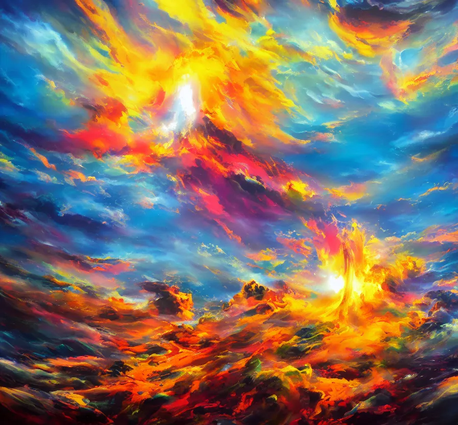 Image similar to nuclear explosion, abstract, acrilic paint, brush paint, heavenly atmosphere, paint, ultra detailed, beautiful image, resolution, artstation