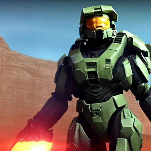 Prompt: Donald Trump wearing the suit of Master Chief from Halo with the helmet off, gameplay screenshot, cinematic trailer, E3