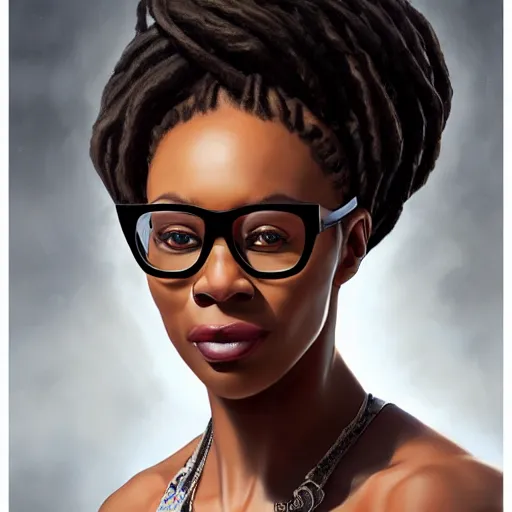 Prompt: VP of Marketing, confident middle aged black woman, fit and witty with cat eye glasses and dreadlocks in a bun, portrait, highly detailed, digital painting, trending on artstation, concept art, sharp focus, illustration, art by artgerm and greg rutkowski and magali villeneuve