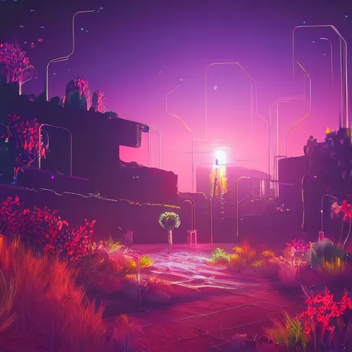 Image similar to cyber garden flower at the desert landscape at the night highly detailed, volumetric lighting, sharp focus, in cyberpunk aesthetic, digital painting