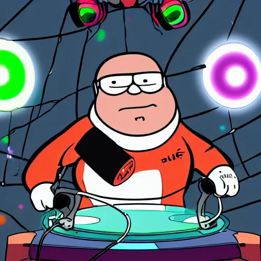 Image similar to svg sticker of a Family-Guy Peter-Griffin at a rave, spinning records, giant headphones rocking out, wearing headphones, huge speakers, dancing, rave, DJ, spinning records, digital art, amazing composition, rule-of-thirds, award-winning, trending on artstation, featured on deviantart