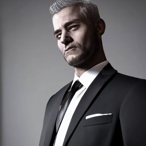 Prompt: full shot photograph of a black suit with a black shirt and silver tie, silver tie, with a silver tie and black shirt photorealistic photograph cinematic lighting intricate detailed 8 k resolution